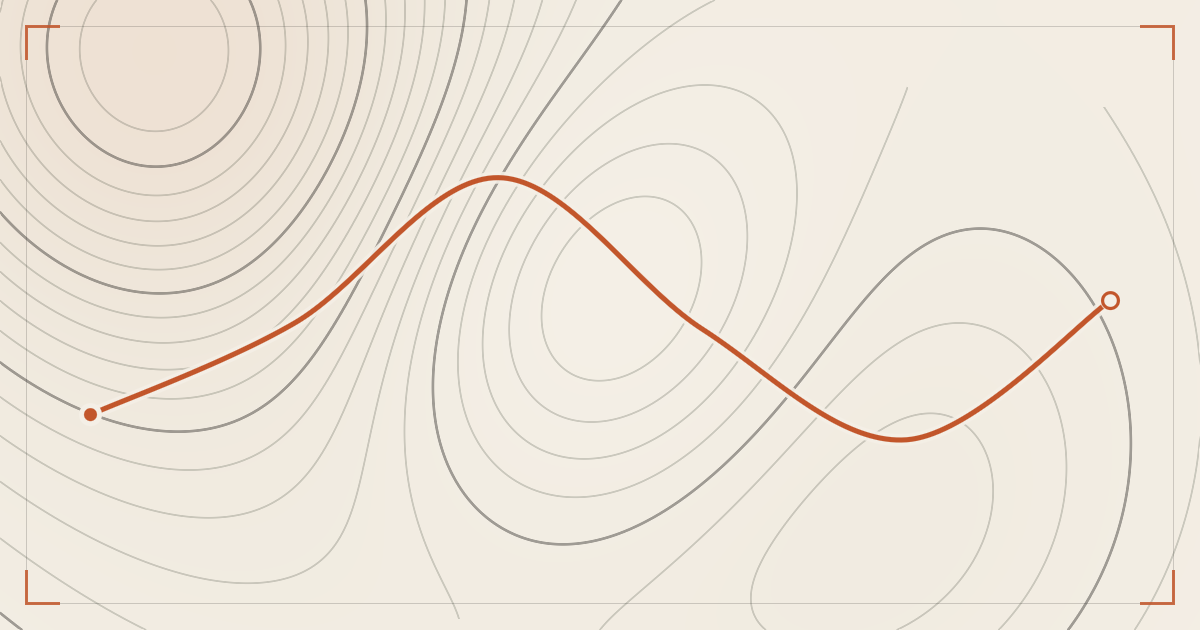 Illustrated topographic map plate: contour lines drawn in ink across cream paper with a single hiking route traced over them in orange, a filled dot marking the start and a hollow ring the finish.
