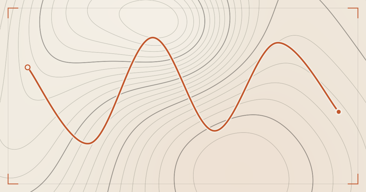 Illustrated topographic map plate: contour lines over cream paper with a hiking route traced across two ridges in orange, start and finish marked.