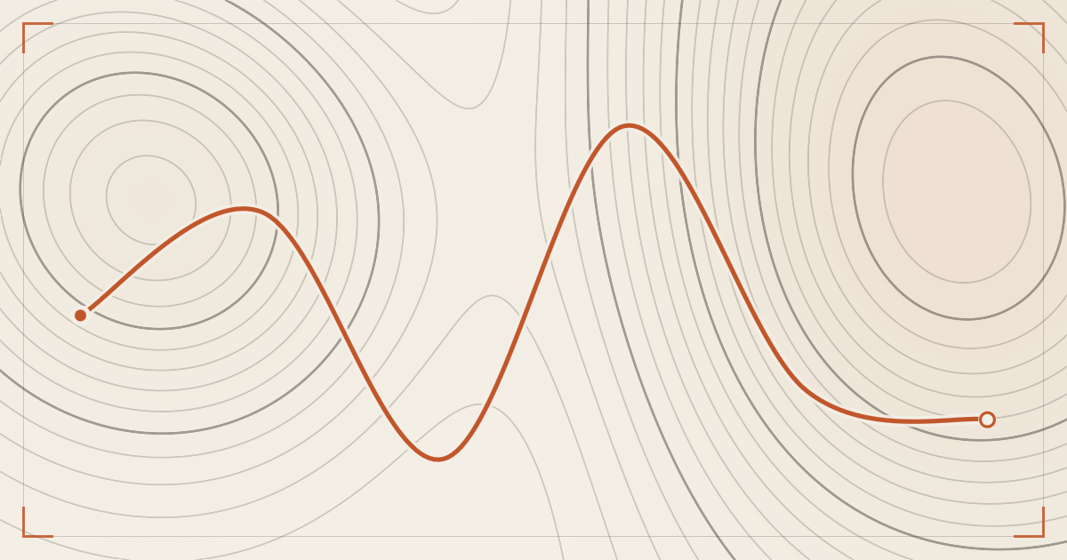 Illustrated topographic map plate: contour lines in ink across cream paper, with one hiking route traced solid in orange and a second route fading into a faint dashed line near the edge of the paper.