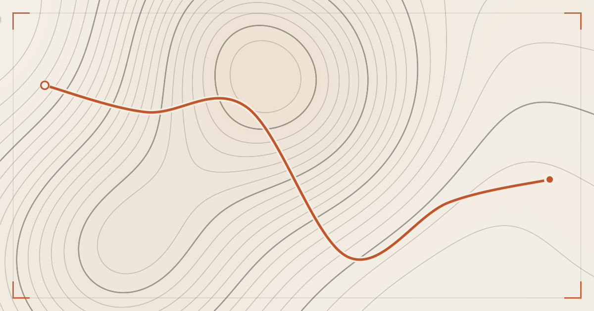 Illustrated topographic map plate: contour lines in ink across cream paper with a single hiking route traced in orange, a hollow ring at one end of the route and a filled dot at the other.
