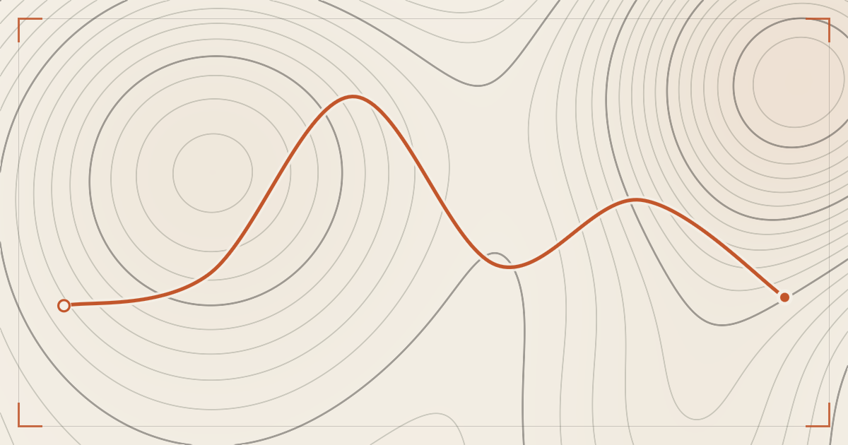 Illustrated topographic map plate: concentric contour lines around two summits on cream paper, with one hiking route traced between them in orange, a hollow ring at one end of the route and a filled dot at the other.
