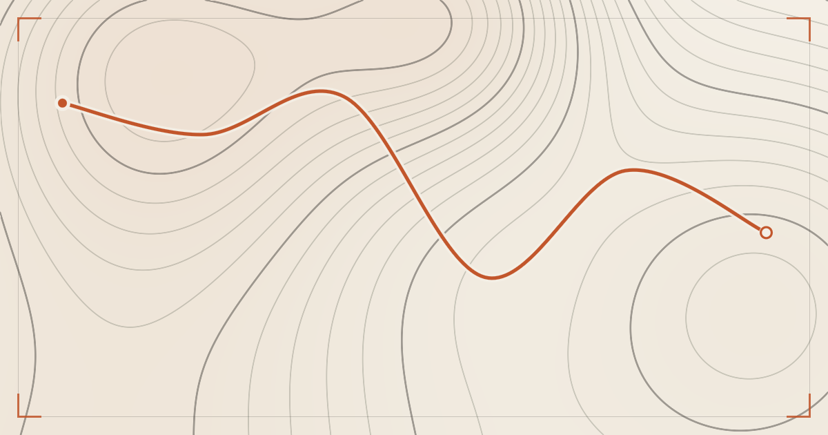 Illustrated topographic map plate: contour lines in ink across cream paper with a single hiking route traced in orange, a hollow ring at one end of the route and a filled dot at the other.