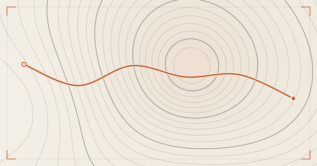 Illustrated topographic map plate: contour lines in ink across cream paper, with a hiking route traced in orange through a sun-bleached basin, a filled dot marking the trailhead and a hollow ring the finish.