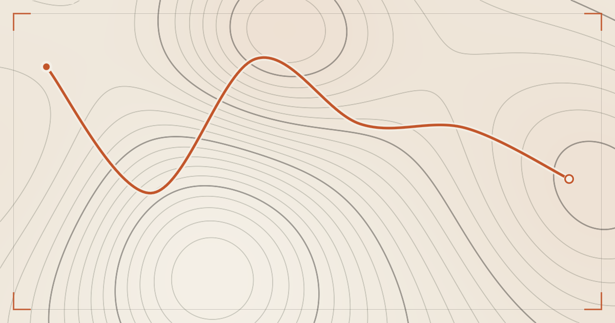Illustrated topographic map plate: contour lines in ink across cream paper, with a hiking route traced in orange through a shaded basin, a filled dot marking the trailhead and a hollow ring the finish.
