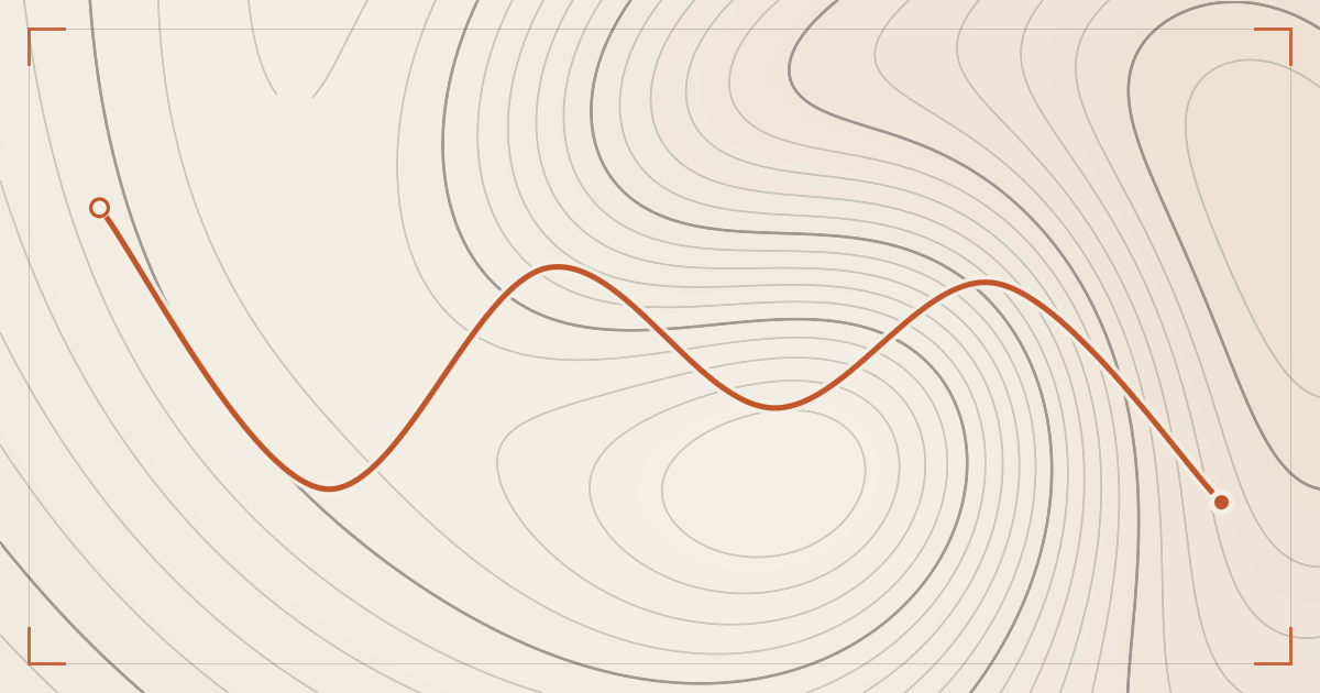 Illustrated topographic map plate: contour lines in ink across cream paper, with a hiking route traced in orange through a snow-covered basin, a filled dot marking the trailhead and a hollow ring the finish.