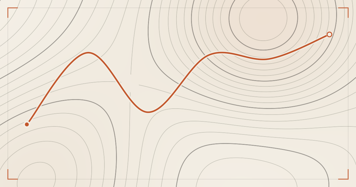 Illustrated topographic map plate: contour lines drawn in ink across cream paper with a single hiking route traced over them in orange, a filled dot marking the start and a hollow ring the finish.