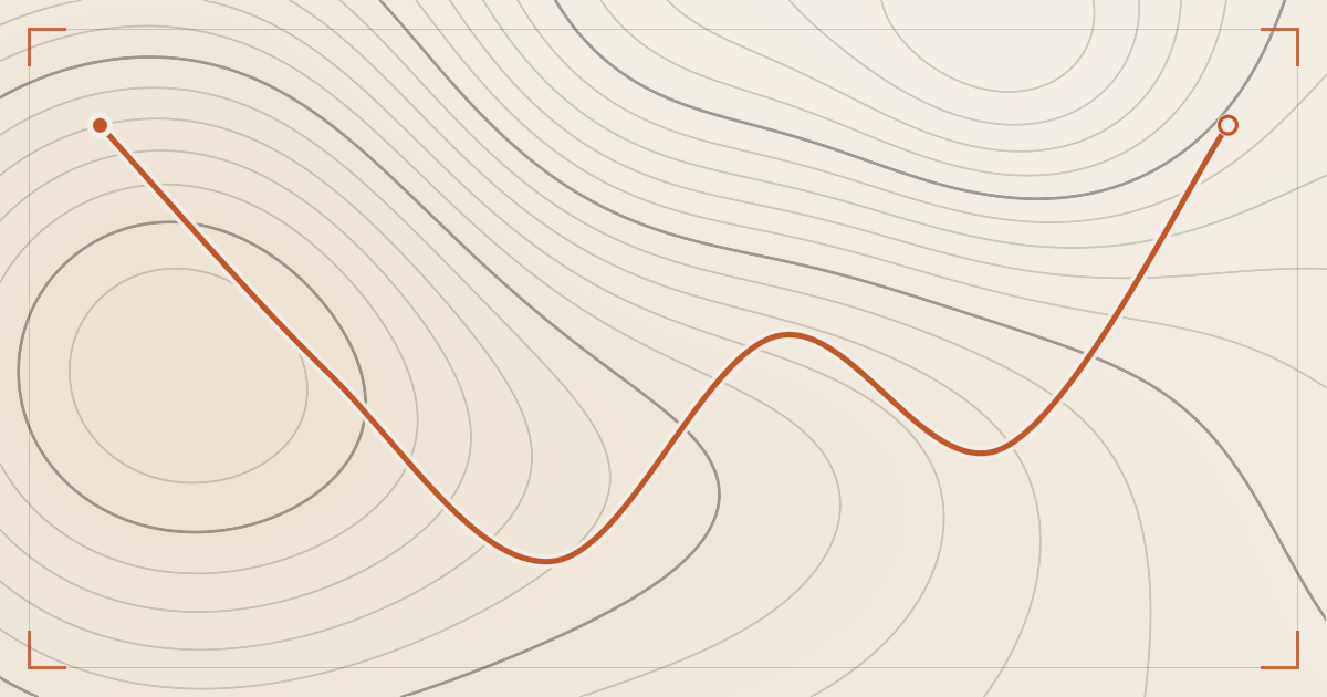Illustrated topographic map plate: contour lines drawn in ink across cream paper with a single hiking route traced over them in orange, a filled dot marking the start and a hollow ring the finish.