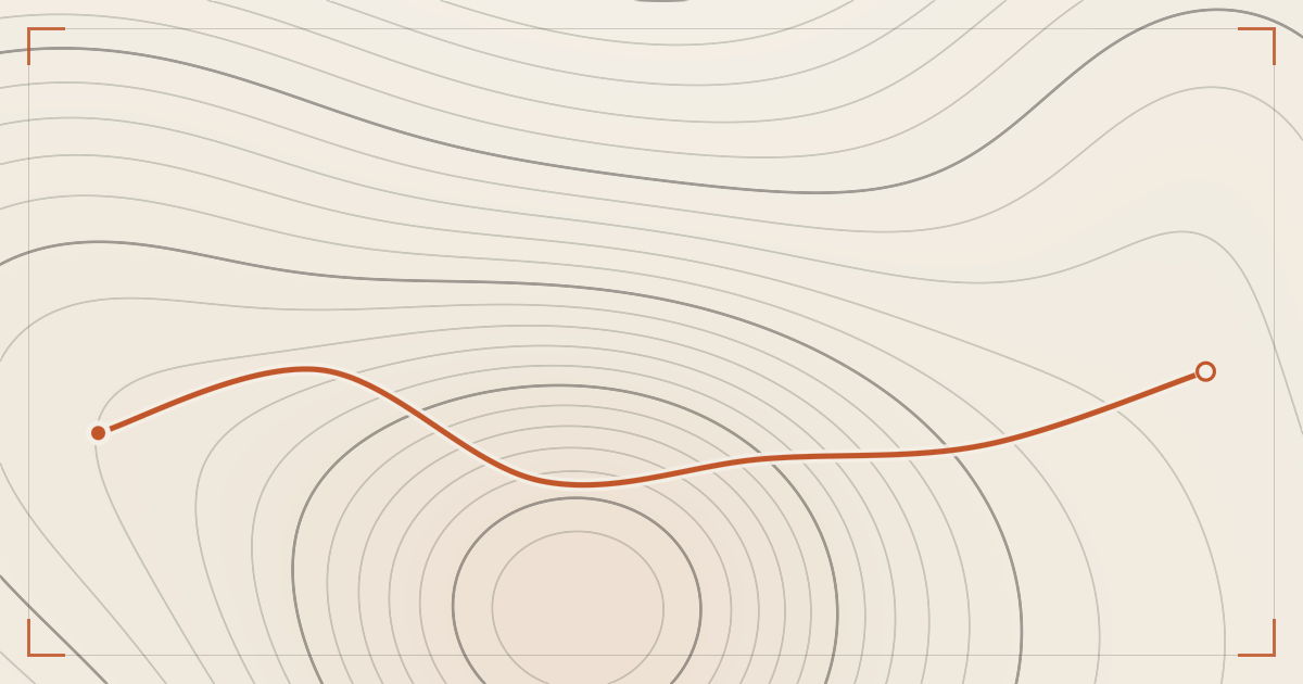 Illustrated topographic map plate: contour lines drawn in ink across cream paper with a single hiking route traced over them in orange, a filled dot marking the start and a hollow ring the finish.