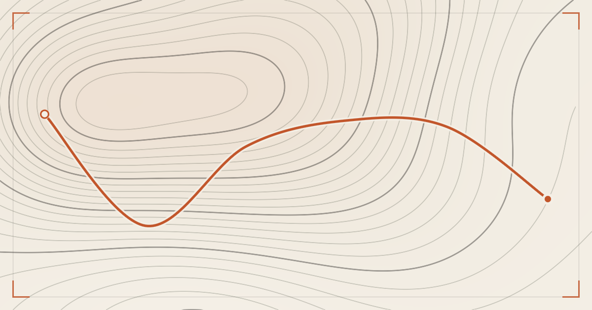Illustrated topographic map plate: contour lines in ink across cream paper with a single hiking route traced in orange, a hollow ring at one end of the route and a filled dot at the other.