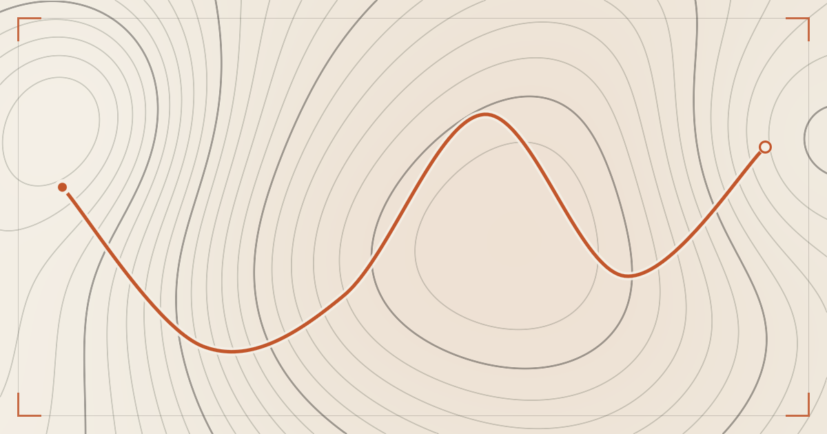 Illustrated topographic map plate: contour lines drawn in ink across cream paper with a single hiking route traced over them in orange, start and finish points marked.