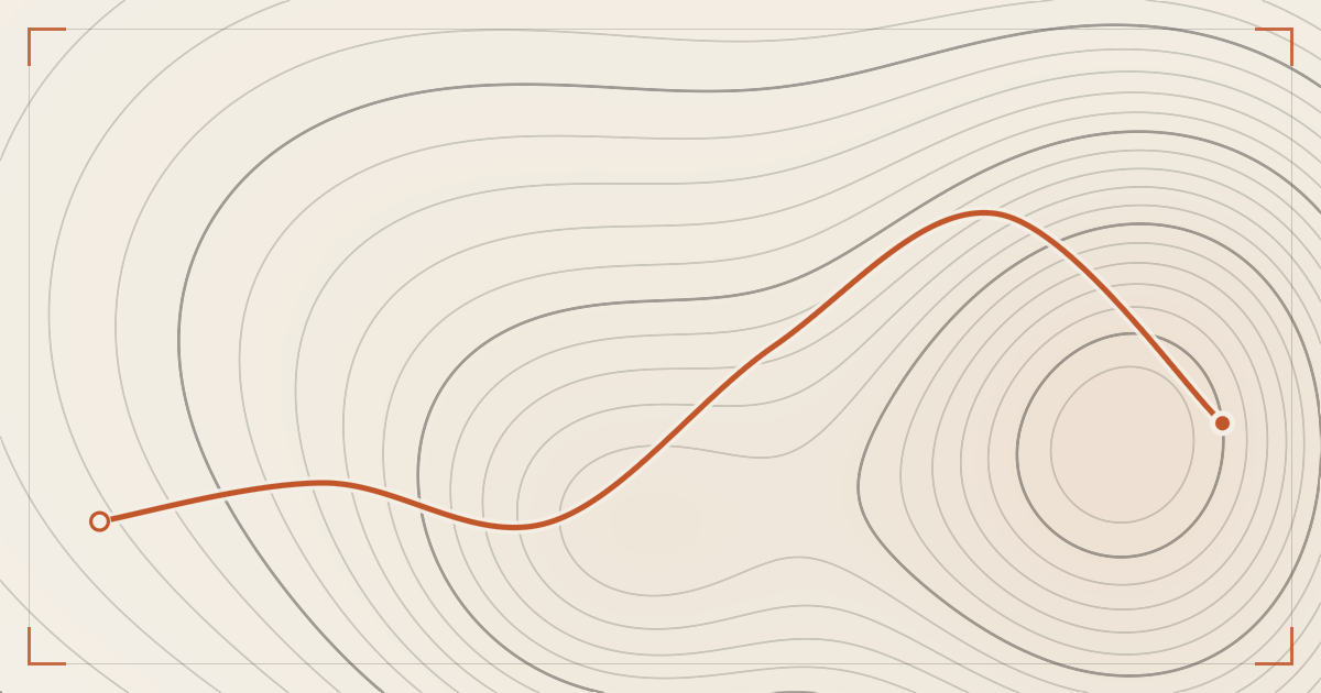 Illustrated topographic map plate: contour lines drawn in ink across cream paper with a single hiking route traced over them in orange, a filled dot marking the start and a hollow ring the finish.